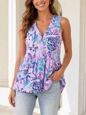 Lilly Pulitzer Sleeveless Blouse Top Tiered Ruffle Sea Printed Cotton M 288337